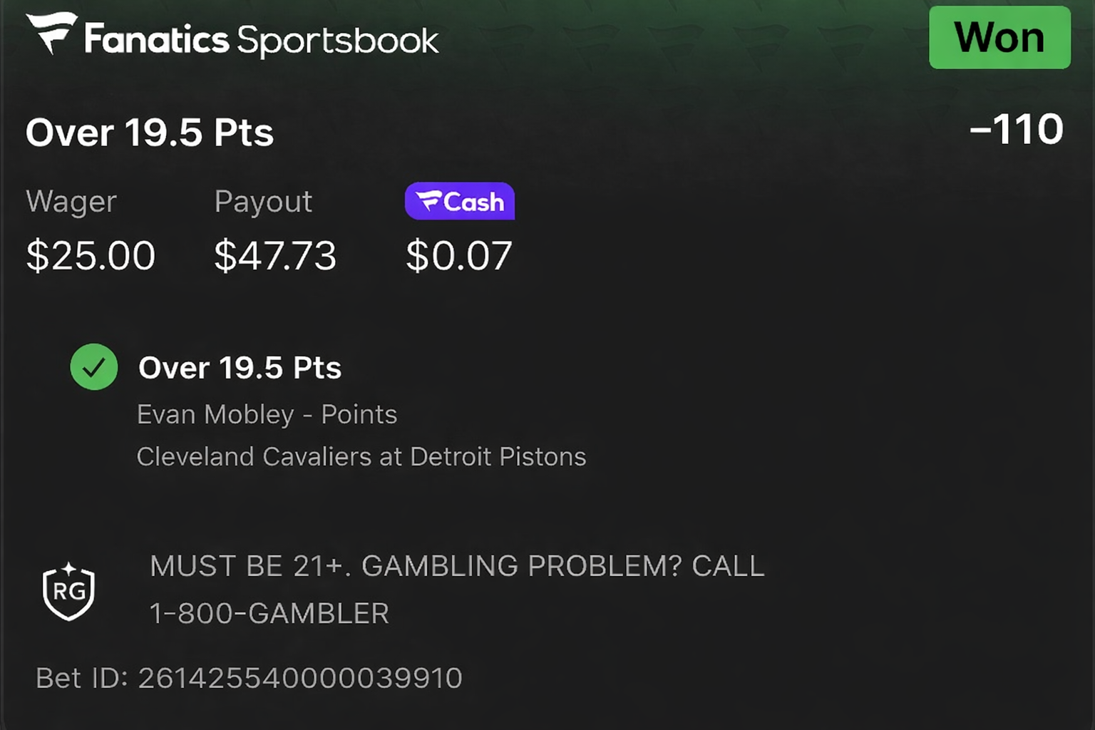 Bet 1 — $25 wager, won