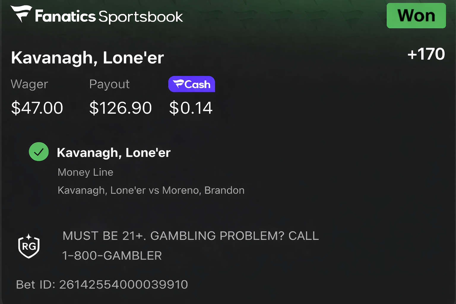 Bet 2 — $47 wager, won