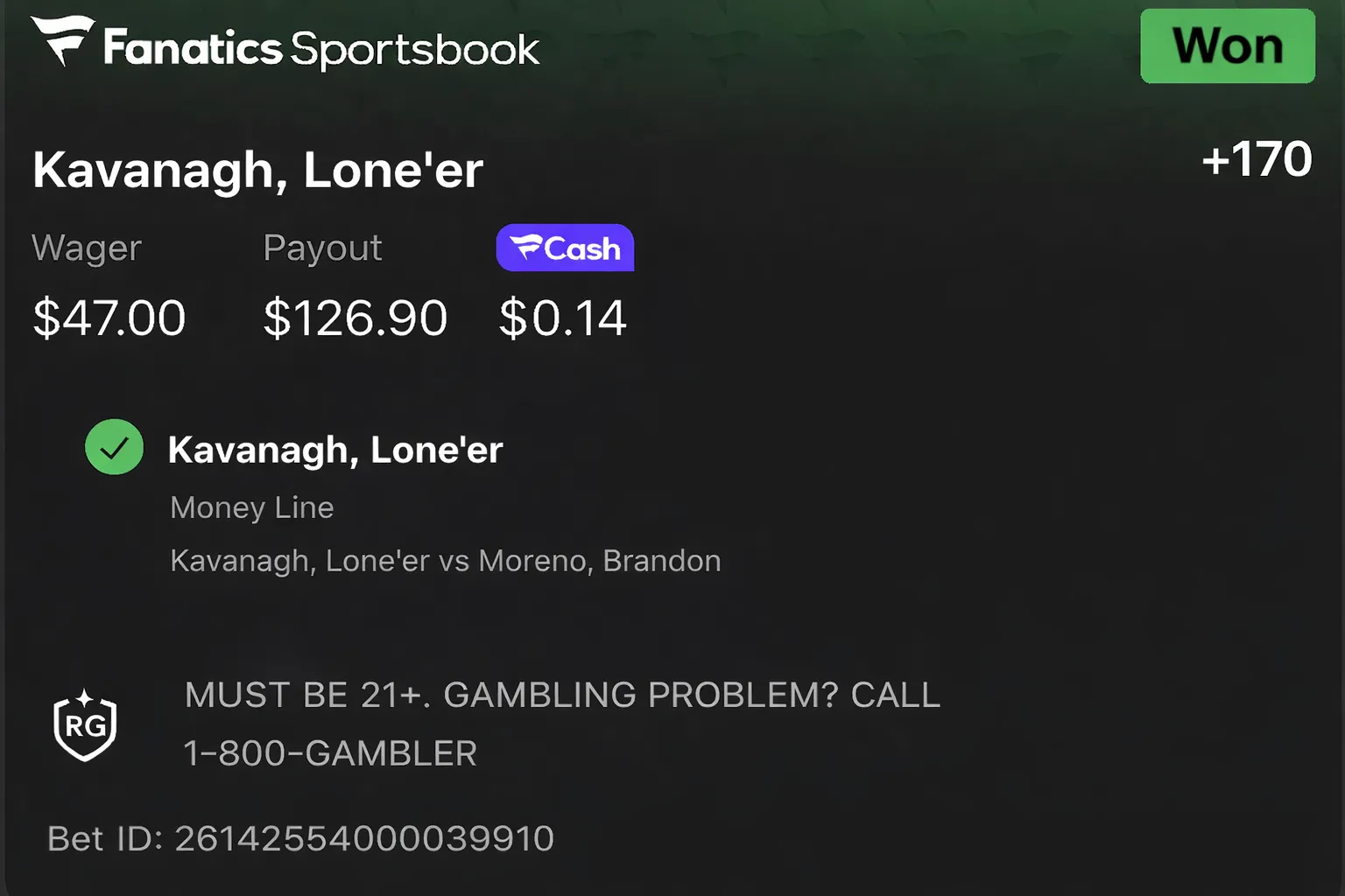 Bet 2 — $47 wager, won