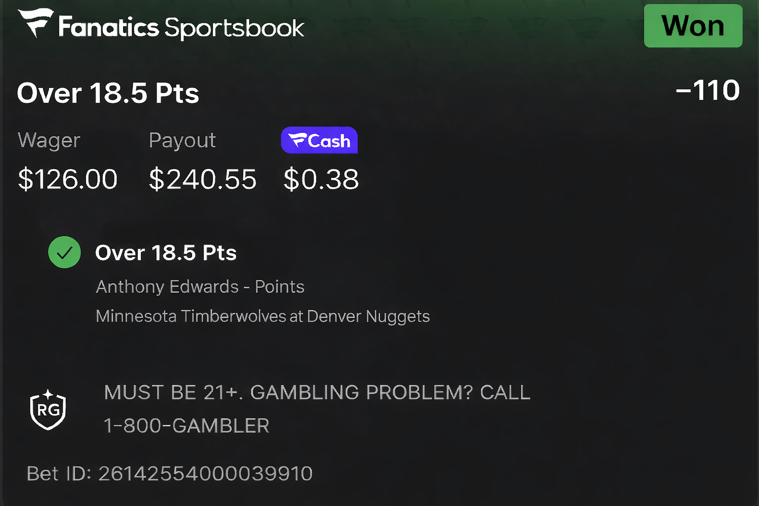 Bet 3 — $126 wager, won