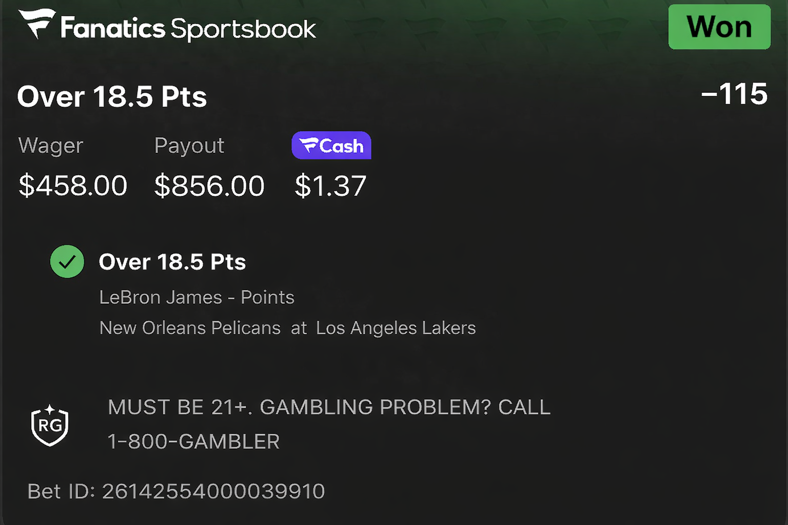 Bet 5 — $458 wager, won