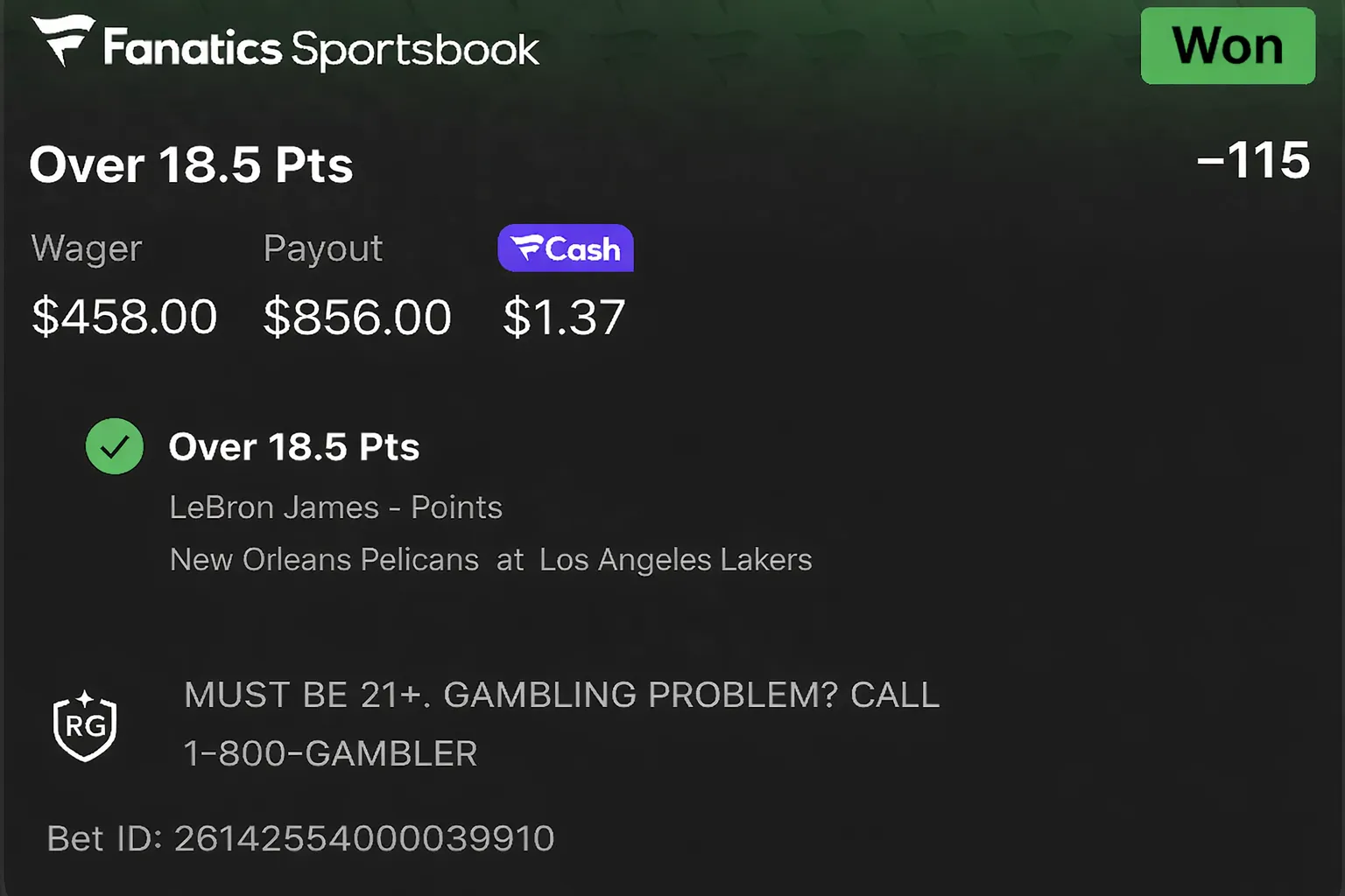 Bet 5 — $458 wager, won